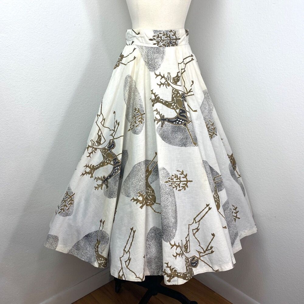 Vintage 50s Reindeer Full Circle Skirt 25" Waist Holiday Christmas Rhinestones